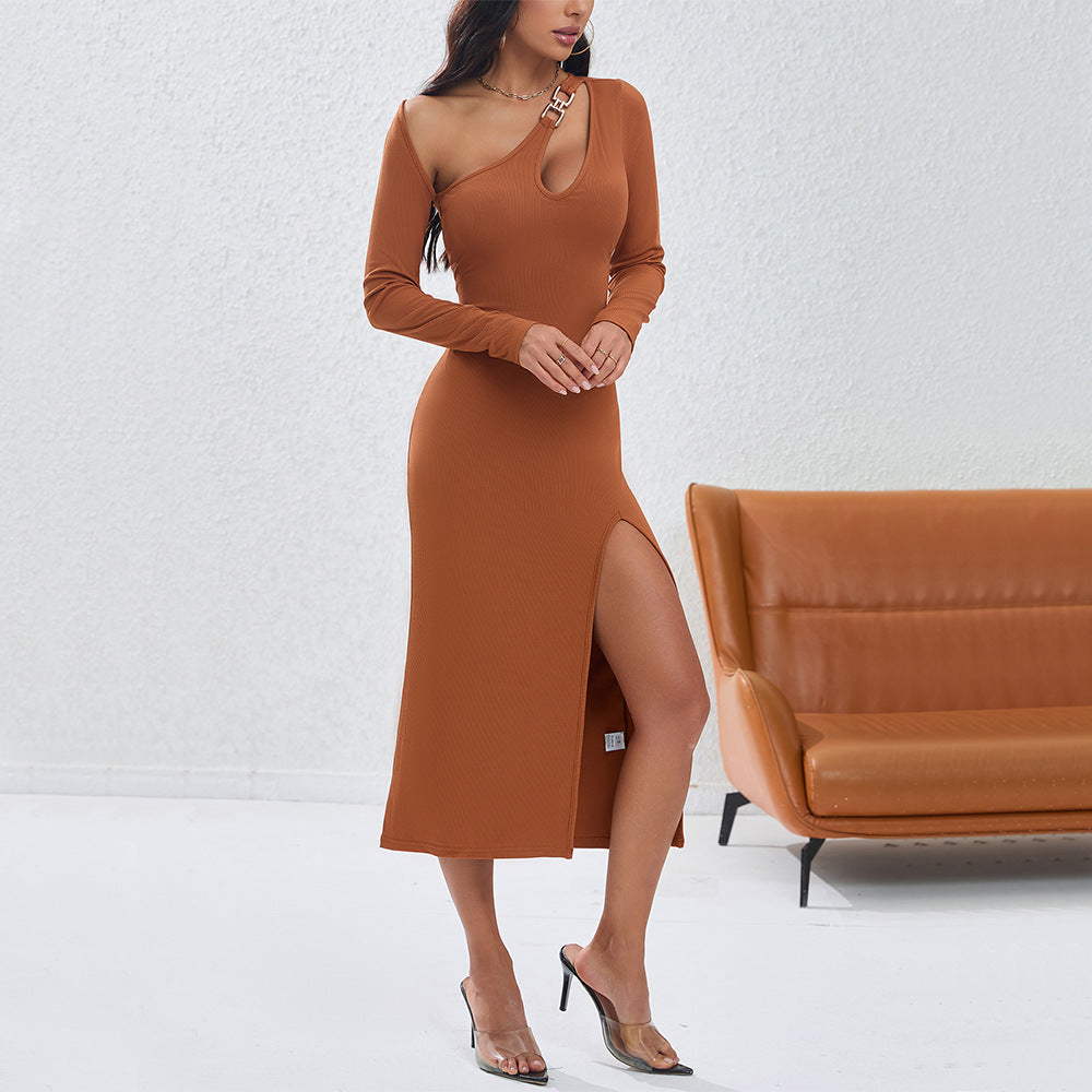 Damen Langarmkleid Figurbetont Asymmetrischer Ausschnitt