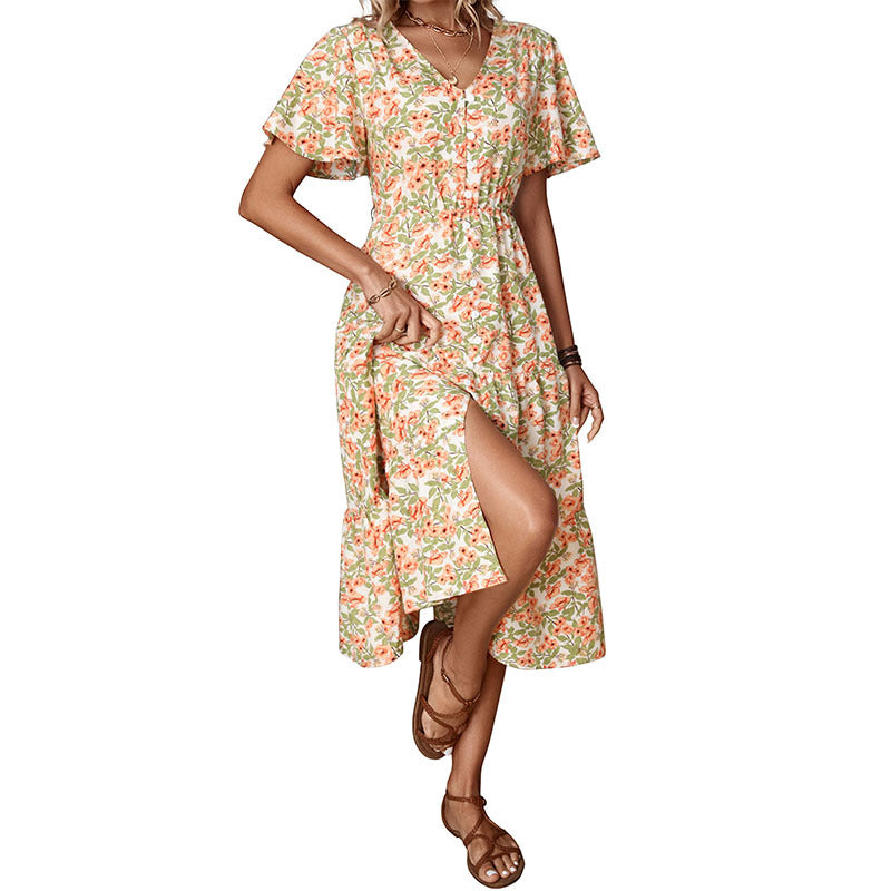 Damen Blumenkleid V-Ausschnitt Knopfleiste Blumenmuster
