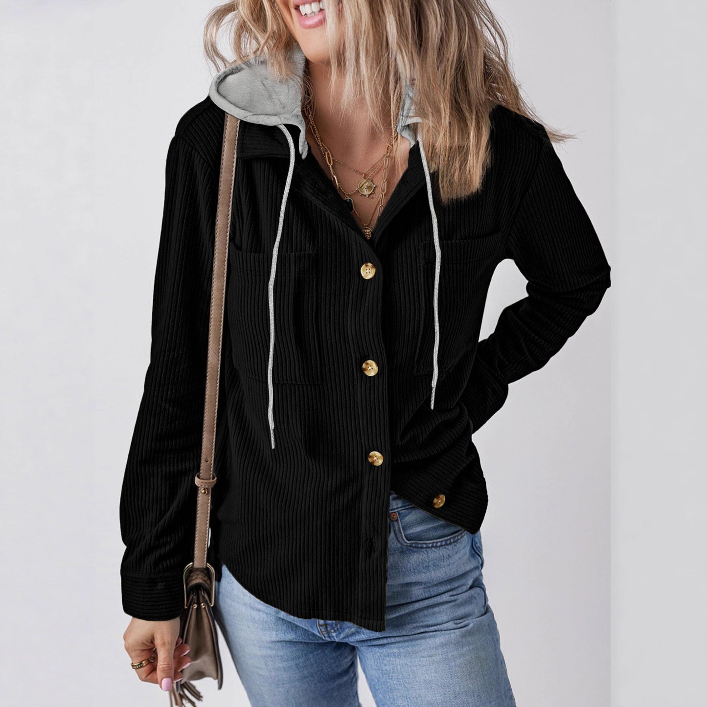 Damen Hemdjacke Gestreift Kapuze Taschen Norvielle
