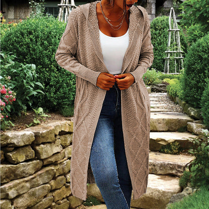 Damen Strickcardigan Lang Hochkragen Zopfmuster Norvielle
