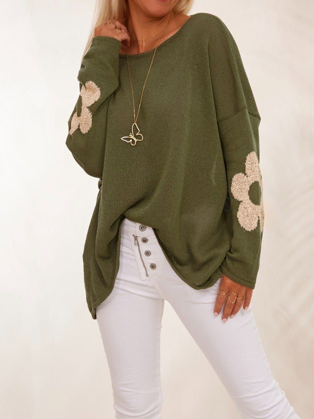 Damen Strickpullover mit Blumenapplikationen Norvielle
