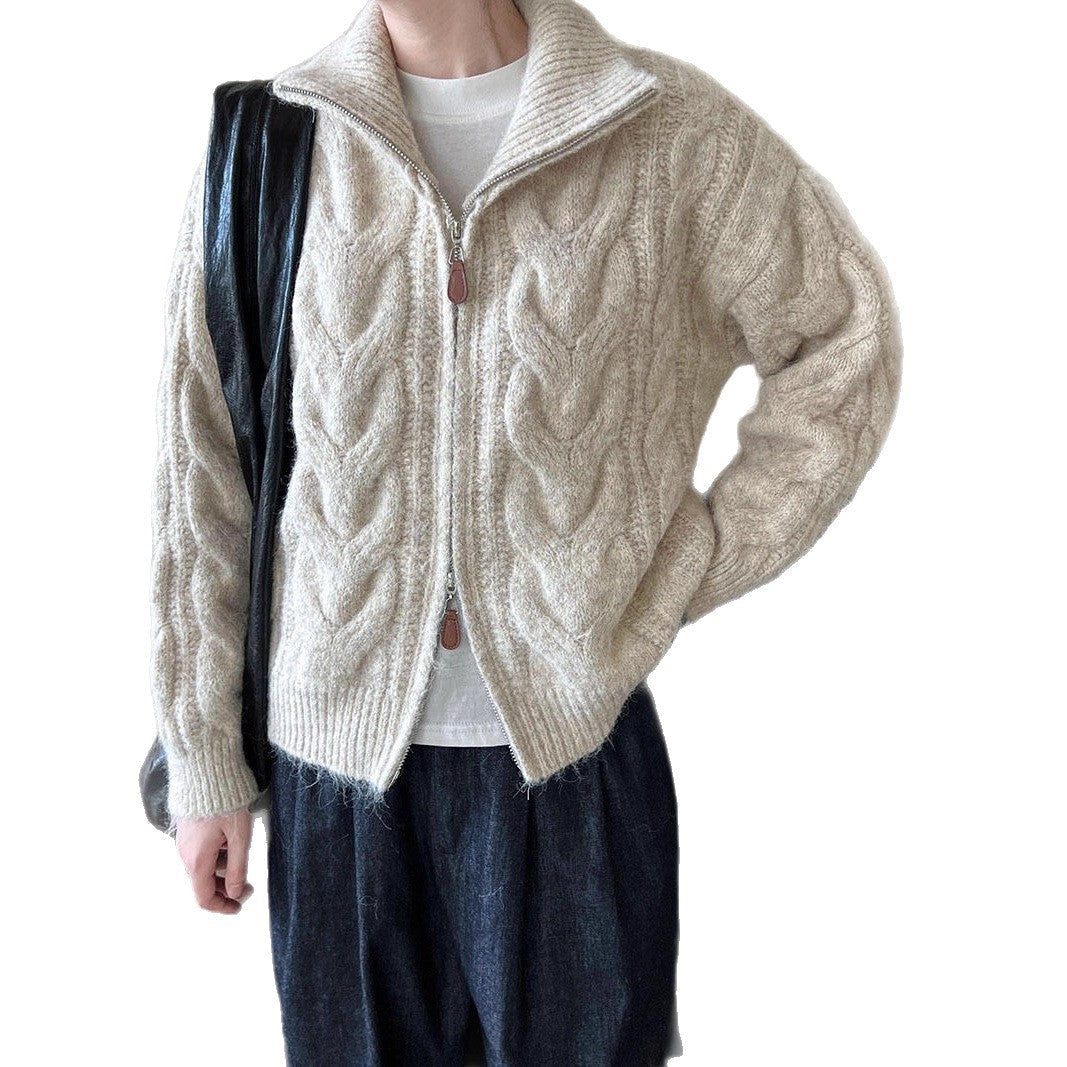 Damen Grobstrickjacke Stehkragen Zopfmuster dunkelblau