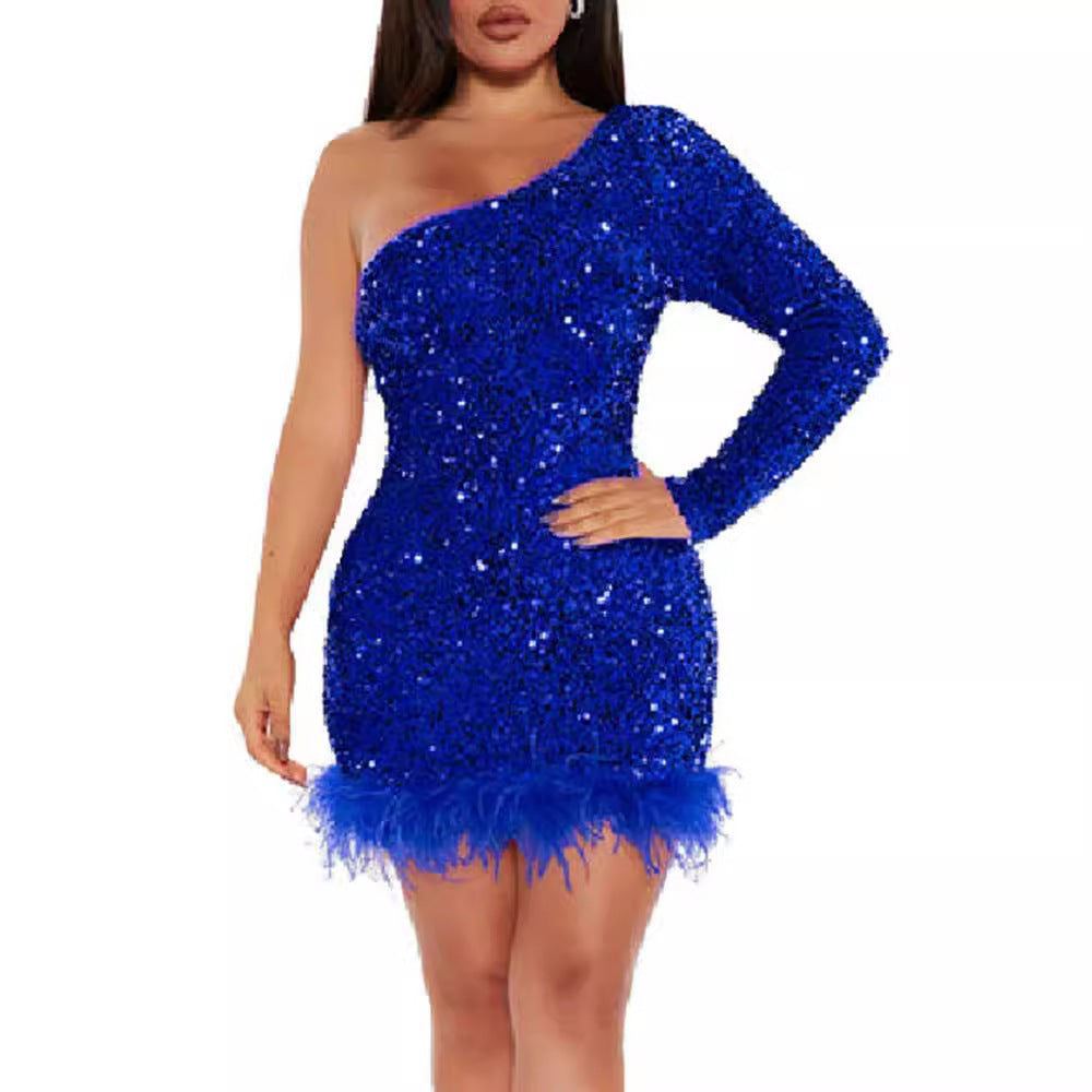 Damen Minikleid Pailletten Asymmetrisch Federbesatz