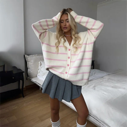 Damen Cardigan Grobgestrickt Streifen Norvielle