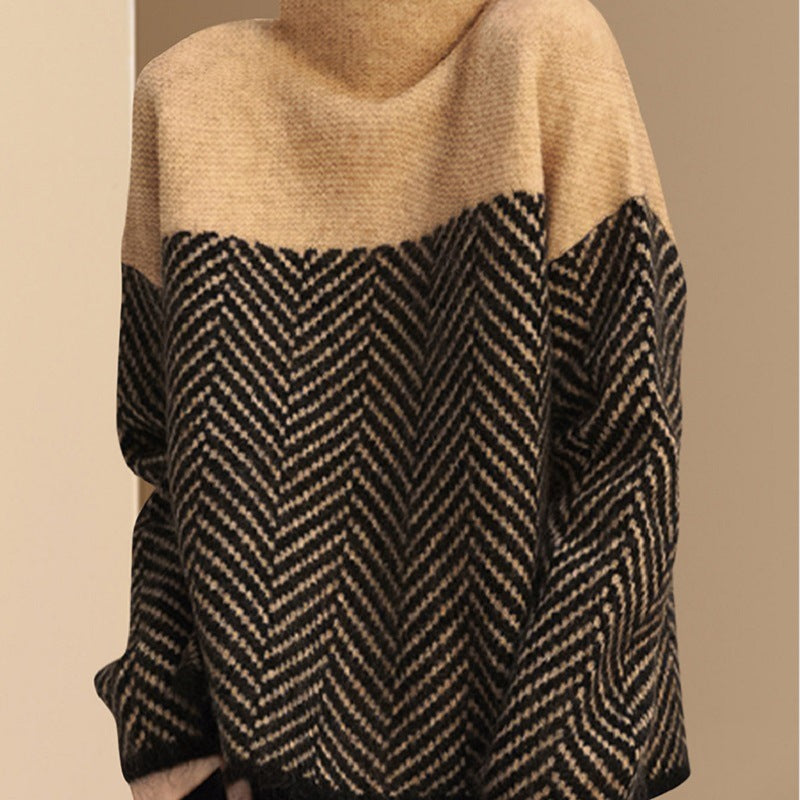 Damen Grobstrickpullover Hochgeschlossener Kragen Chevron-Muster