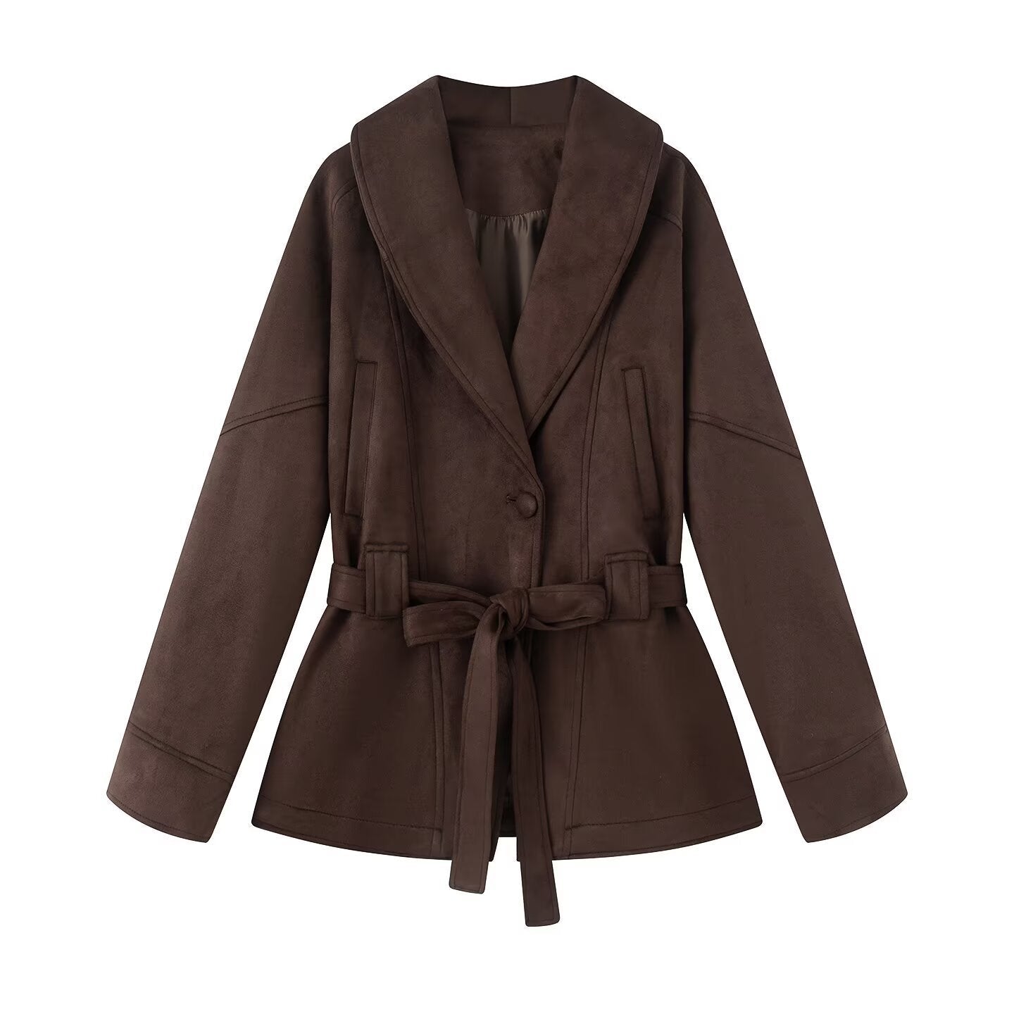 Damen Kurzjacke Breiter Kragen Taillengürtel Schwarz - Norvielle