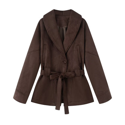 Damen Kurzjacke Breiter Kragen Taillengürtel Schwarz - Norvielle