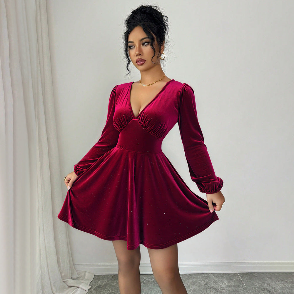Damen Kleid Kurzarm Puffärmel V-Ausschnitt Norvielle