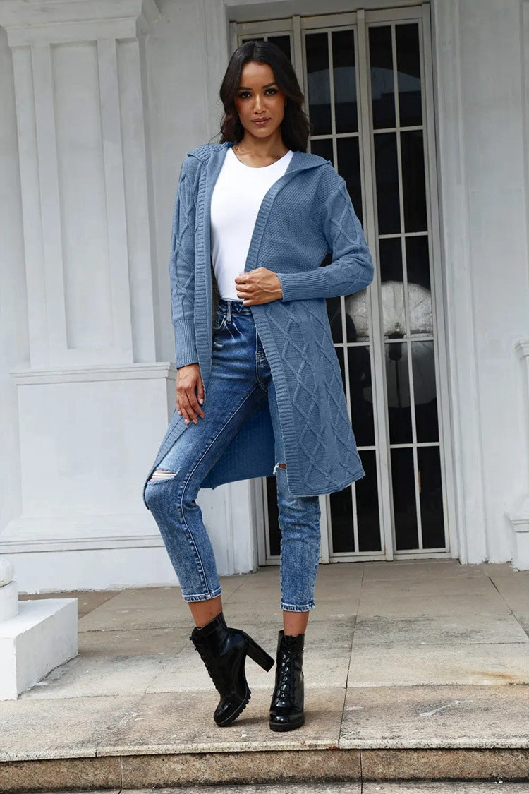 Damen Strickjacke Kapuze Zopfmuster Norvielle