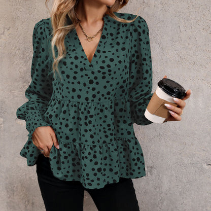 Damen Bluse aus Leinen mit Rüschendetails und Punkten Weiß