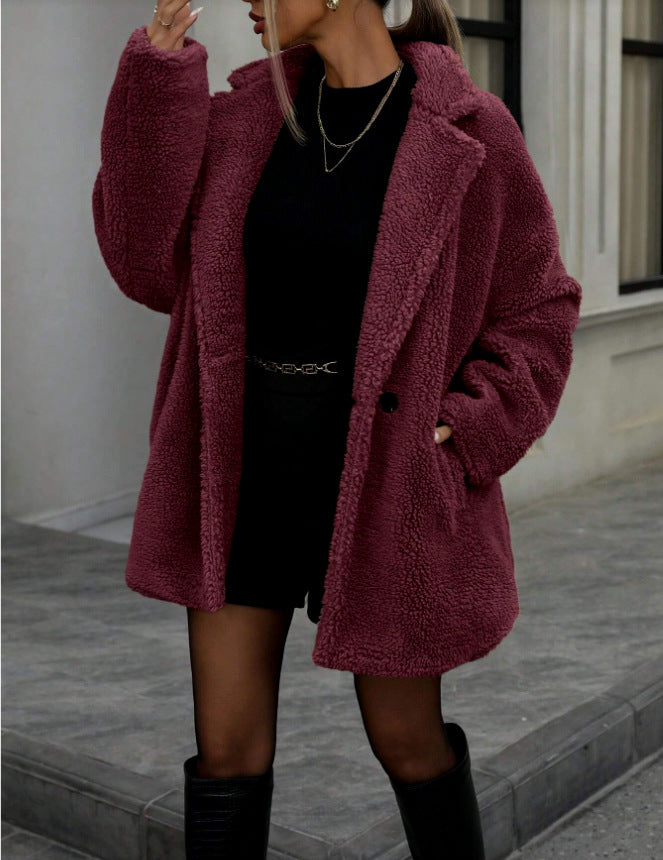 Damen Teddyjacke Kuscheljacke aus Plüsch Beige