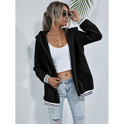 Damen Kapuzenjacke Kuscheliges Fleece Gestreifte Ärmel Schwarz - Norvielle