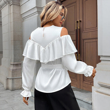 Damen Bluse Rüschendetails Taillenbindegürtel Norvielle