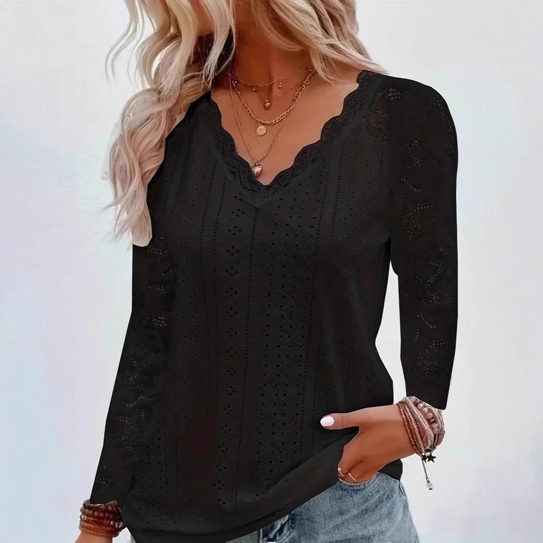 Damen Oberteil Spitzenbesatz V-Ausschnitt Elegantes Design