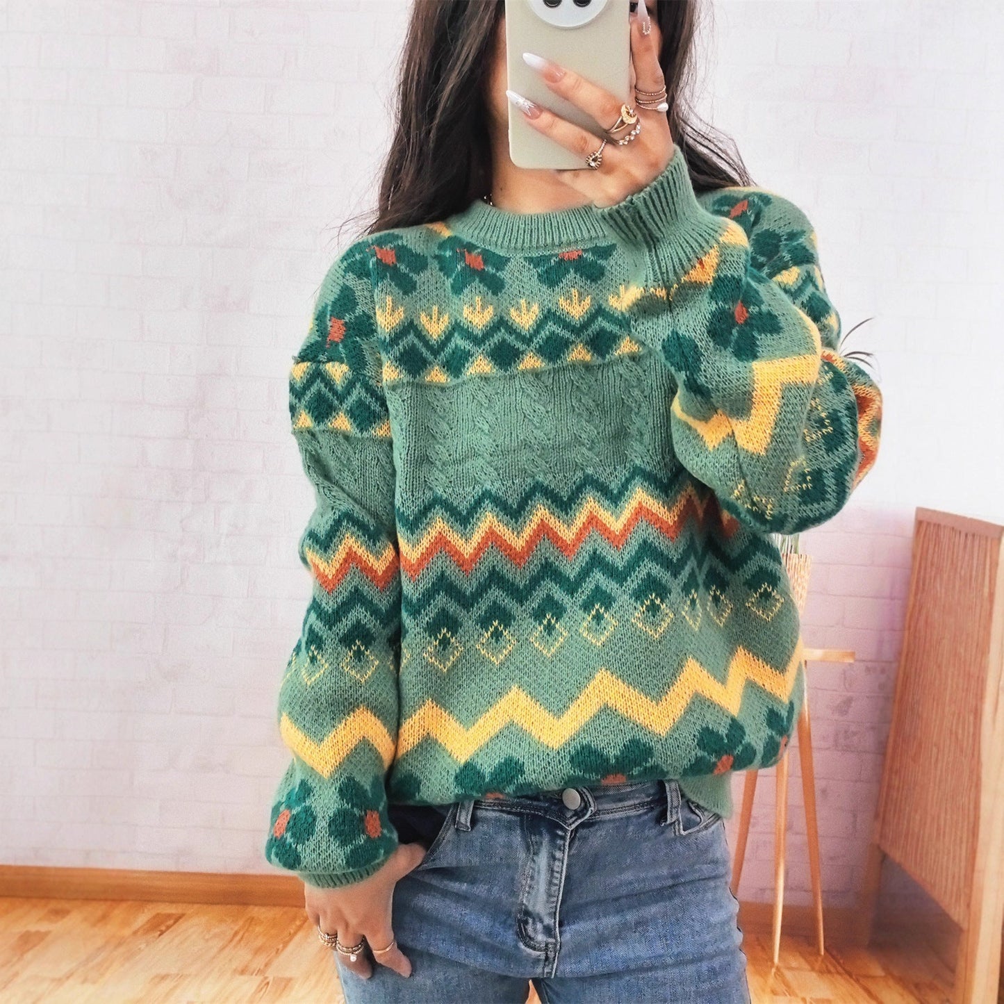Damen Grobstrickpullover Bunt Geometrisches Muster - Norvielle