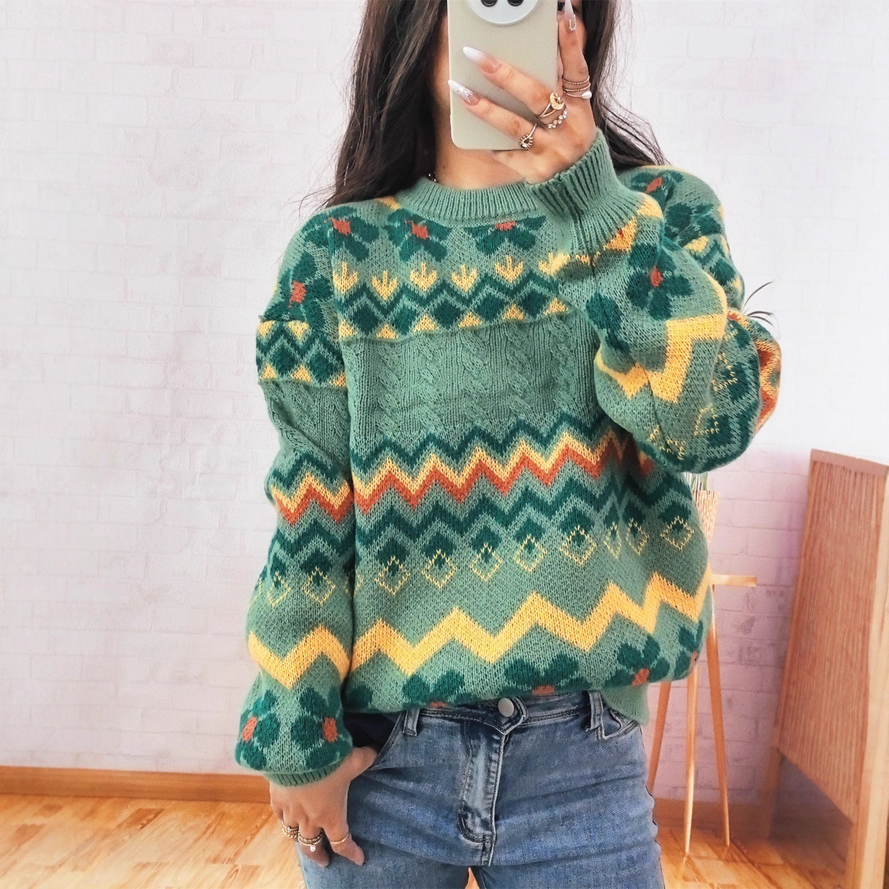 Damen Grobstrickpullover Bunt Geometrisches Muster - Norvielle