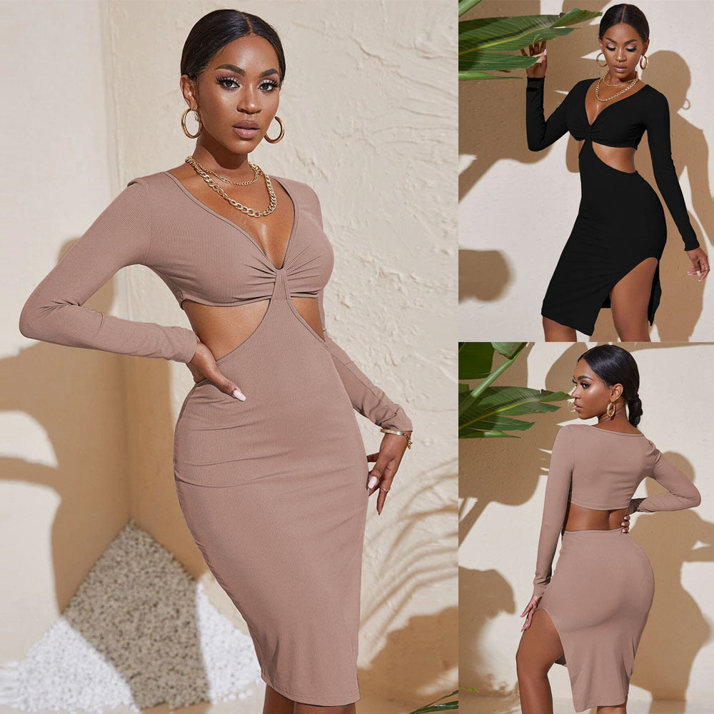 Damen Minikleid Figurbetont Cut-Out Langarm Schwarz - Norvielle