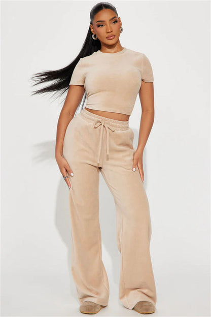 Damen Velours-Loungewear-Set Weich Cropped Oberteil Locker Hose
