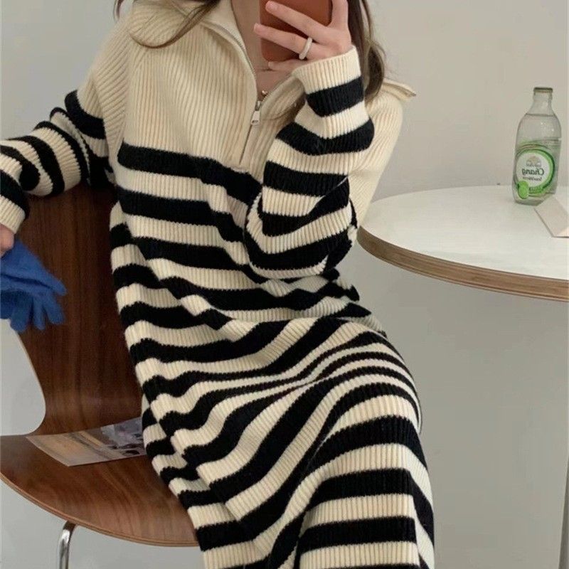 Damen Strickkleid Moderner Stehkragen Reißverschluss