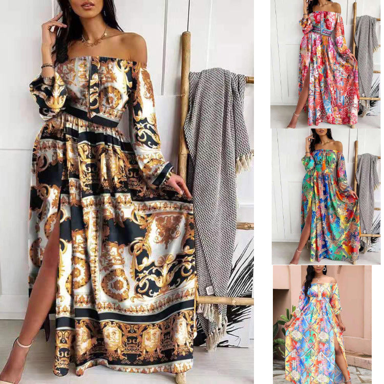 Damen Maxikleid Offene Schulter Barockmuster Norvielle - Norvielle