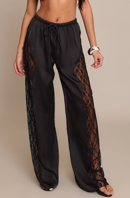 Damen Satin-Hose mit Spitzeneinsätzen Seiten-Schnitt