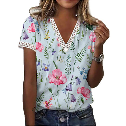Damen T-Shirt Kurzärmelig V-Ausschnitt Print Elegantes Design