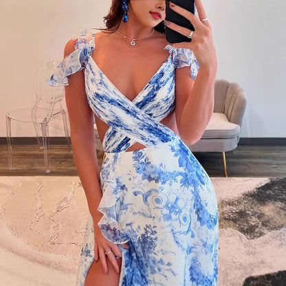Damen Maxi-Kleid Voluminöse Rüschen Florales Design