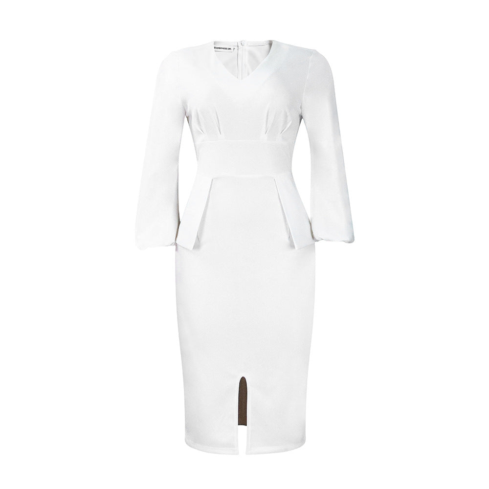 Damen Midi-Kleid Figurbetont Puffärmel Schlitz Norvielle