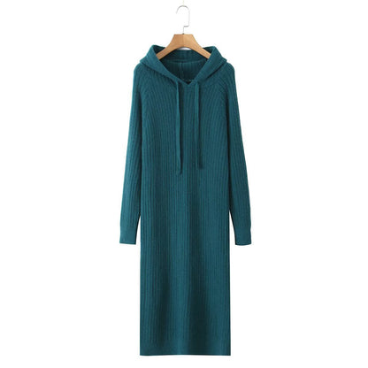 Damen Strickhoodiekleid Kapuze Rippenmuster Norvielle