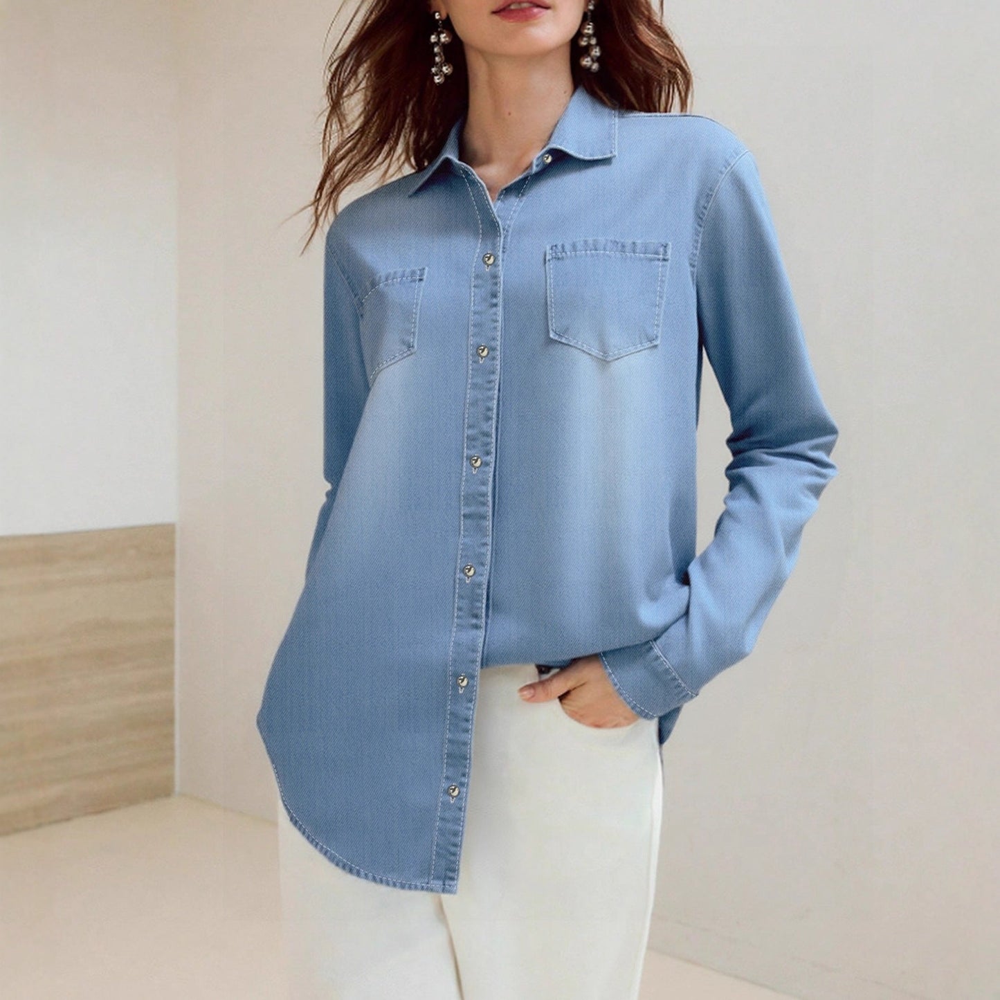 Damen Denim Hemd mit Brusttaschen und Knopfleiste Blau - Norvielle