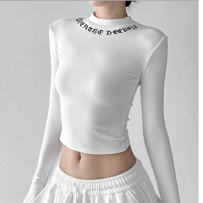 Damen Langarmshirt Figurbetont Hocher Kragen mit Schriftzug