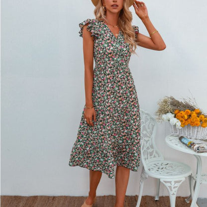 Damen A-Linien Kleid mit Rüschenärmeln und Blumenmuster