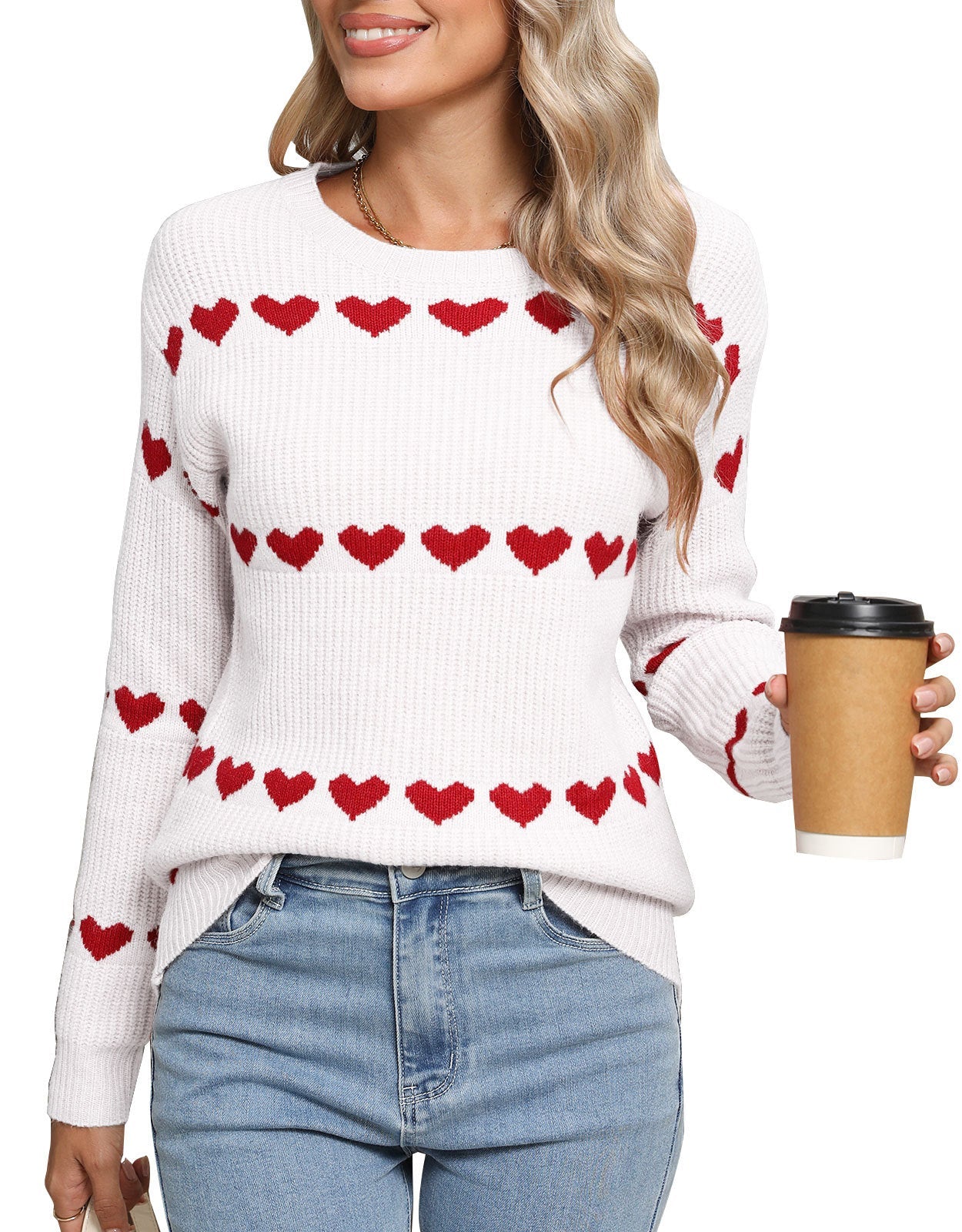 Damen Strickpullover Herzmuster
