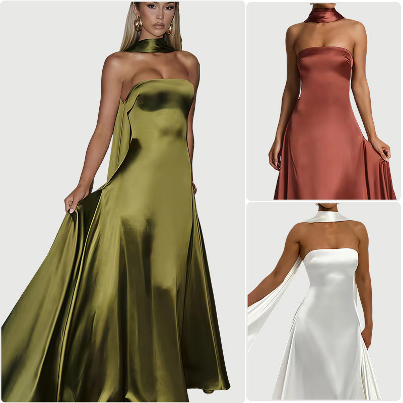 Damen Maxikleid Bandeau mit Halsschmuck aus Satin - Norvielle