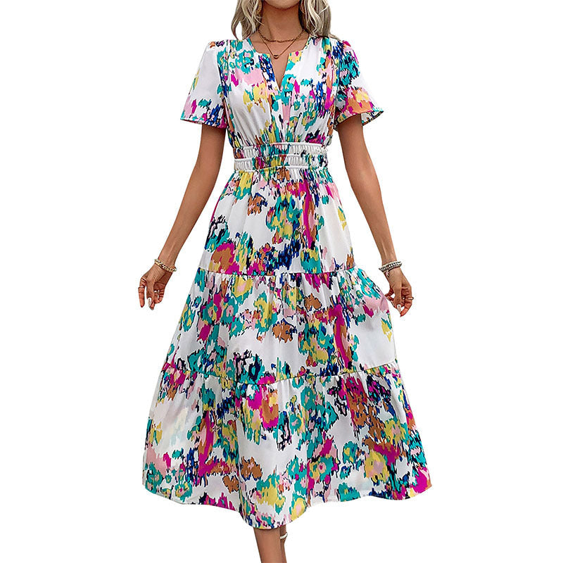 Damen Maxi-Kleid Elastischer Taillengürtel Bunt