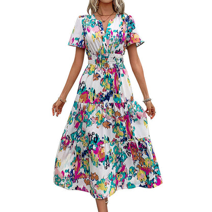 Damen Maxi-Kleid Elastischer Taillengürtel Bunt