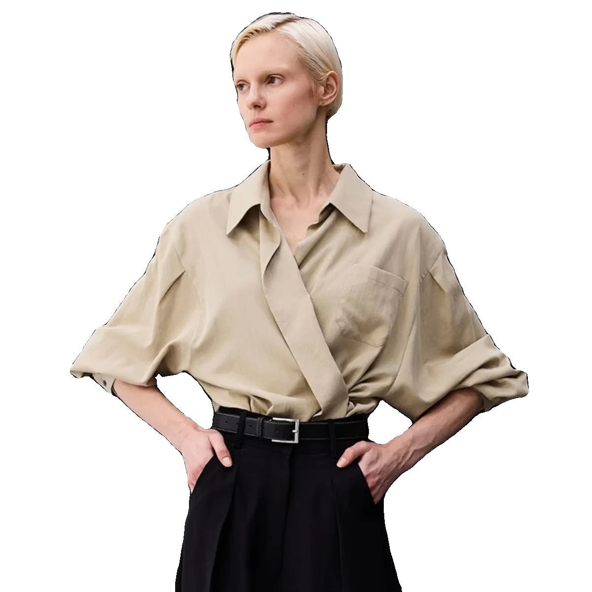Damen Oversized Bluse Wickeloptik Brusttasche Beige