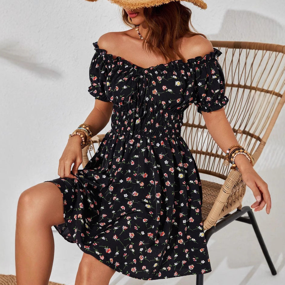 Damen Off-Shoulder Sommerkleid Florales Design Rüschen Norvielle