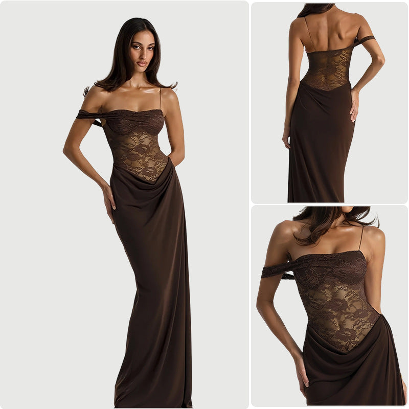 Damen Abendkleid Schulterfrei Spitze Fließend Norvielle - Norvielle