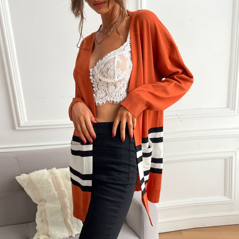 Damen Strickjacke Streifenmuster Taschen Norvielle