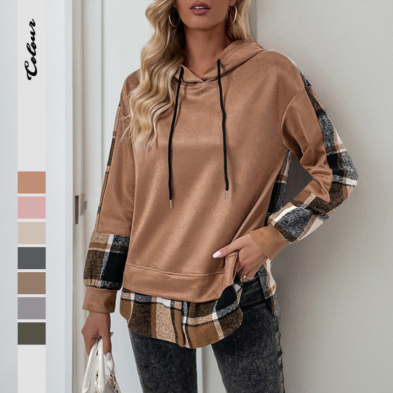 Damen Kapuzenpullover Kariertes Patchwork-Design Norvielle - Norvielle