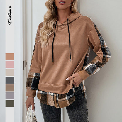 Damen Kapuzenpullover Kariertes Patchwork-Design Norvielle - Norvielle