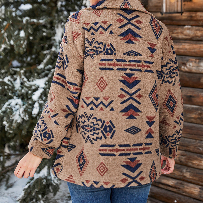 Damen Teddyjacke Oversized Reverskragen geometrisches Muster