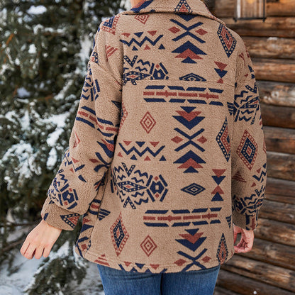 Damen Teddyjacke Oversized Reverskragen geometrisches Muster