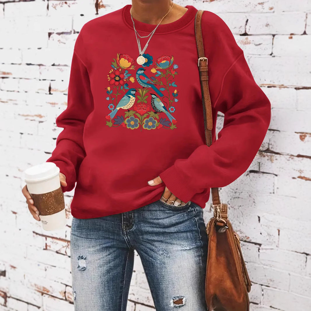 Damen Sweatshirt Florales Vogeldesign Lässiger Schnitt Norvielle