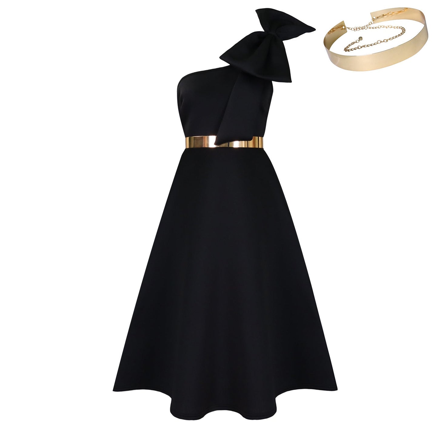 Damen Schulterfreies Kleid mit Halstuch und Goldakzent