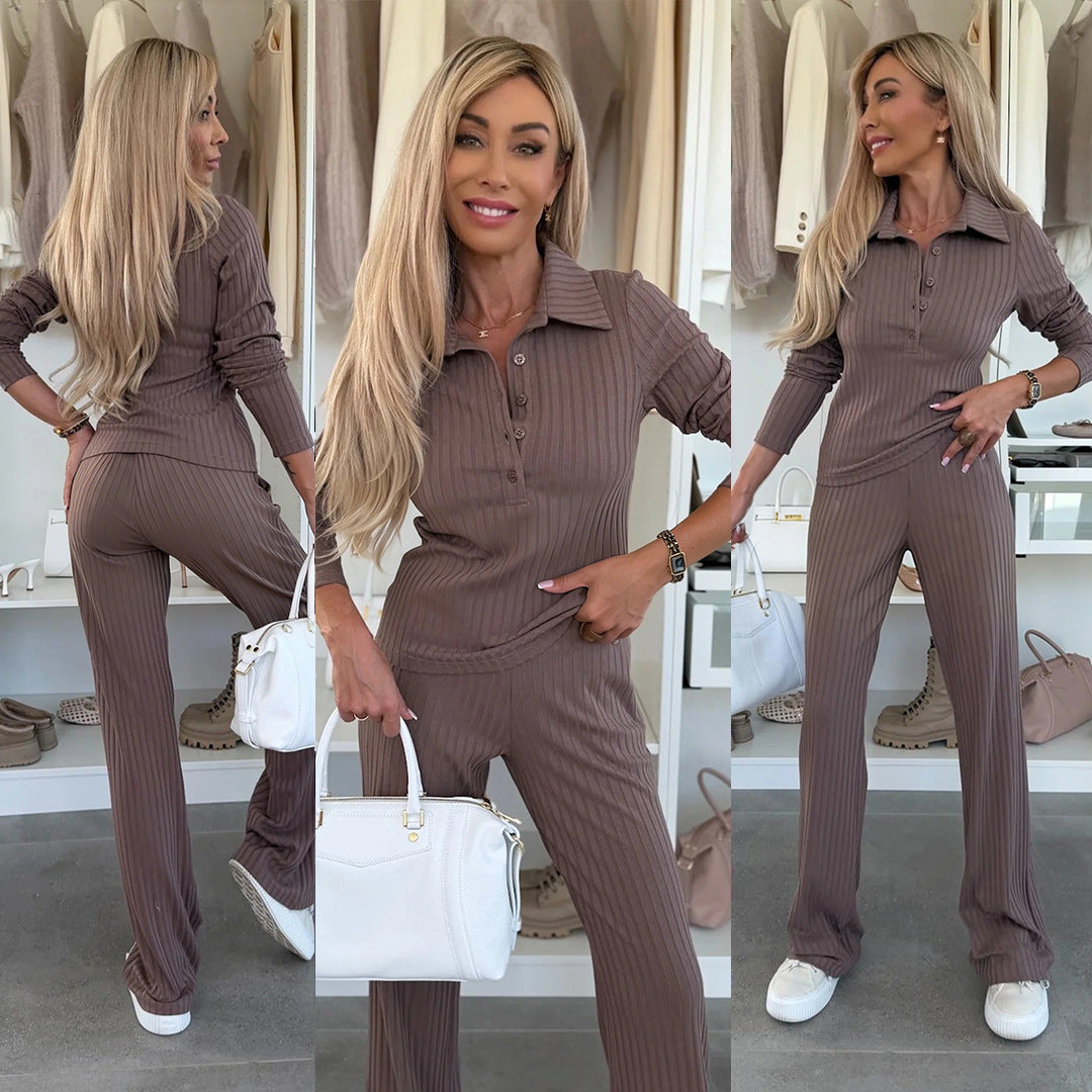 Damen Strickanzug Polo Kragen Elastisch Beige - Norvielle