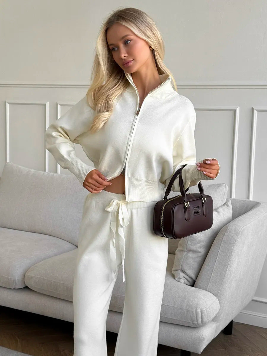 Damen Strick-Loungewear-Set mit Kapuze Elastisch Beige