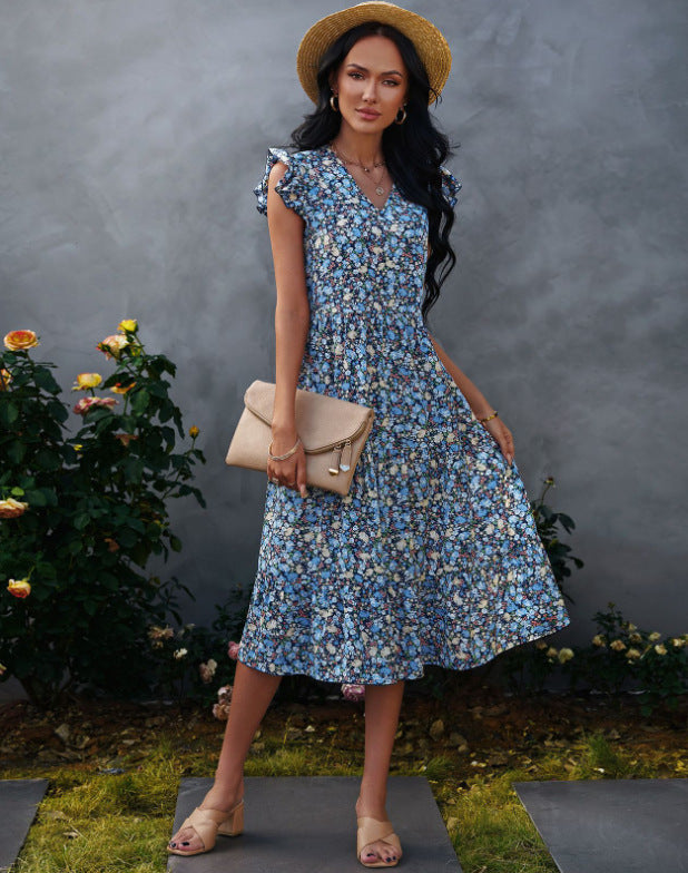 Damen A-Linien Kleid mit Rüschenärmeln und Blumenmuster