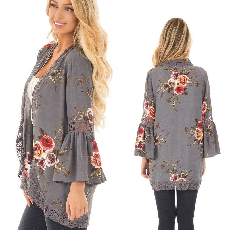 Damen Blumenjacke Gehäkelter Saum Norvielle